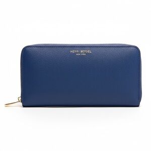 Henri Bendel Blue Leather Zip-Around Wallet with Gold
Accents
